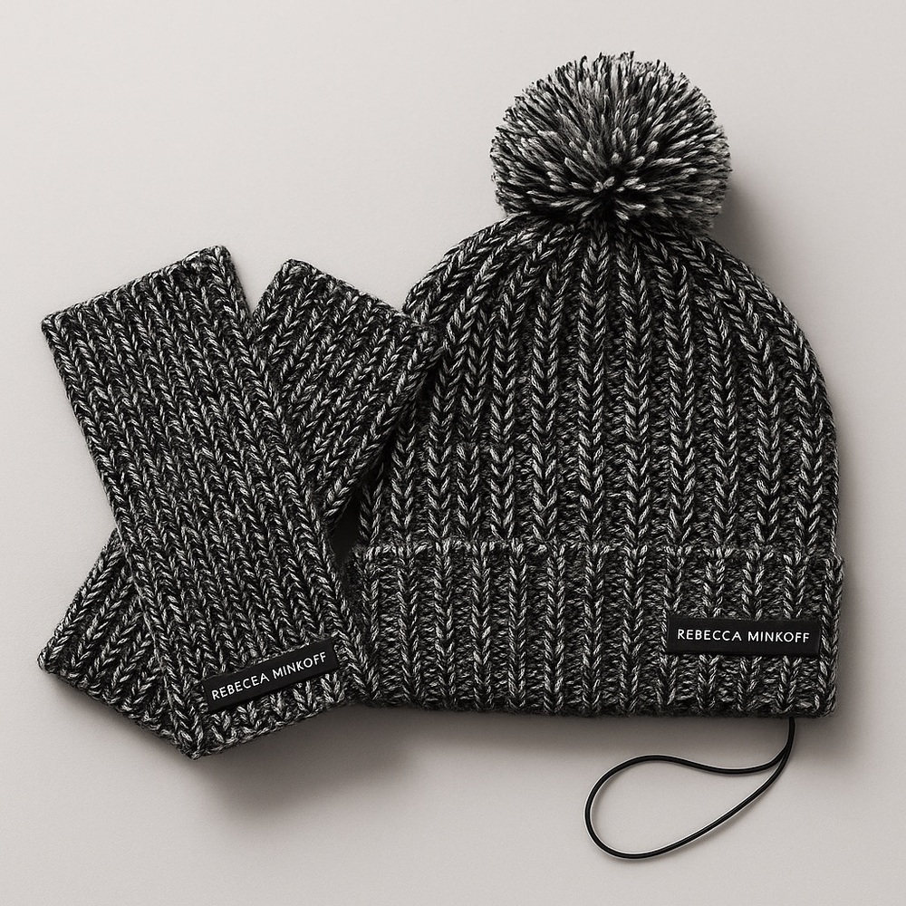 Rebecca Minkoff Black & White Knit Beanie + Hand Warmer Set – NEW!